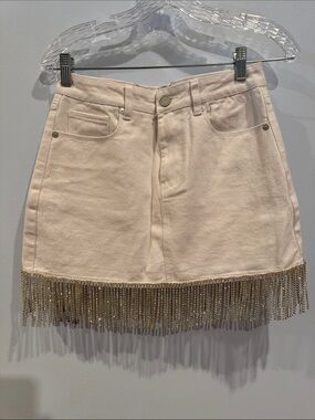 BLANKNYC White Denim Rhinestone Fringe Mini Skirt Size 26 Western Glam
